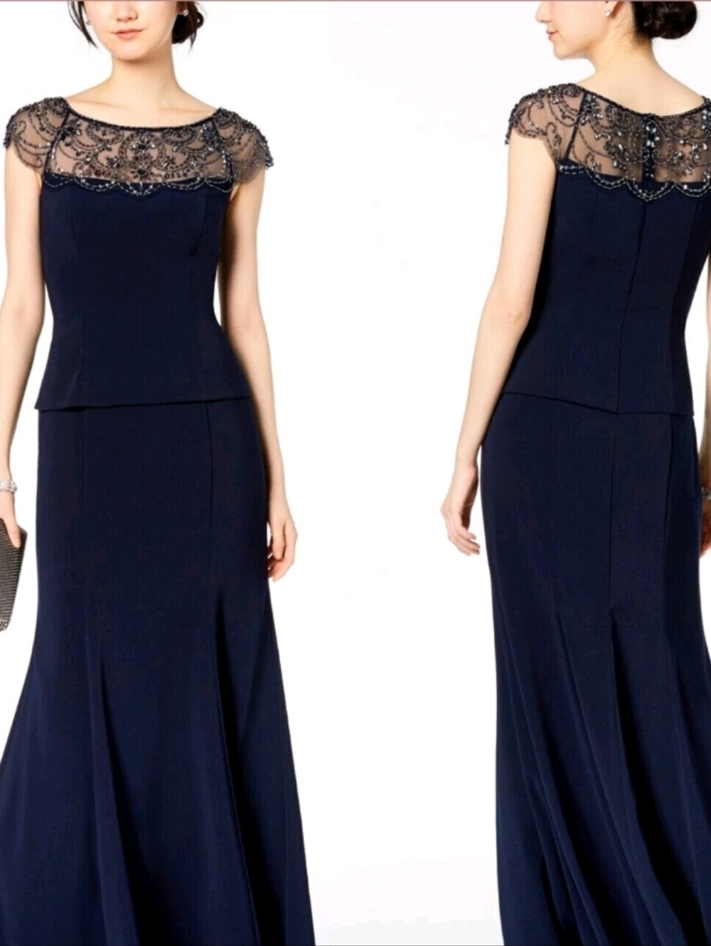 NWT  XSCAPE [ Petite 4P ] Embellished Illusion-Contrast Gown in Navy